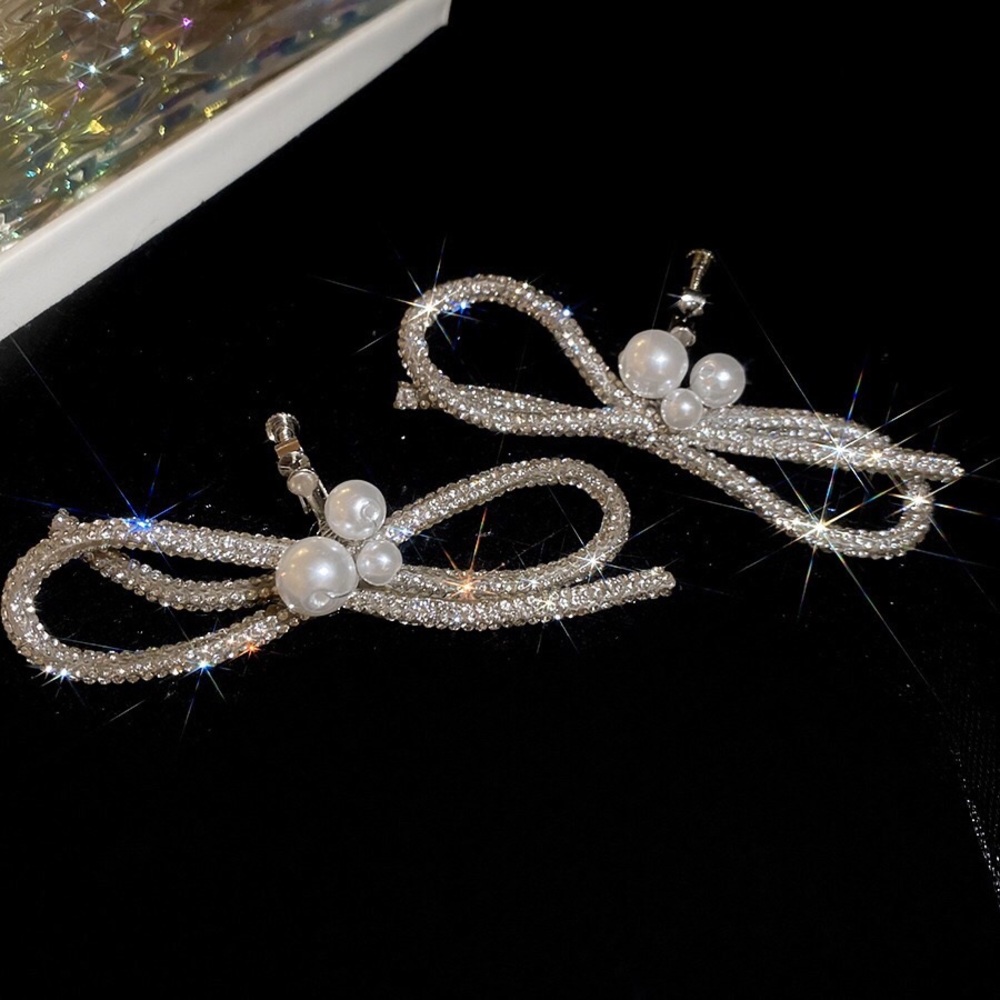 Crystal Bow Pearl Accent Hair Clips - Silver